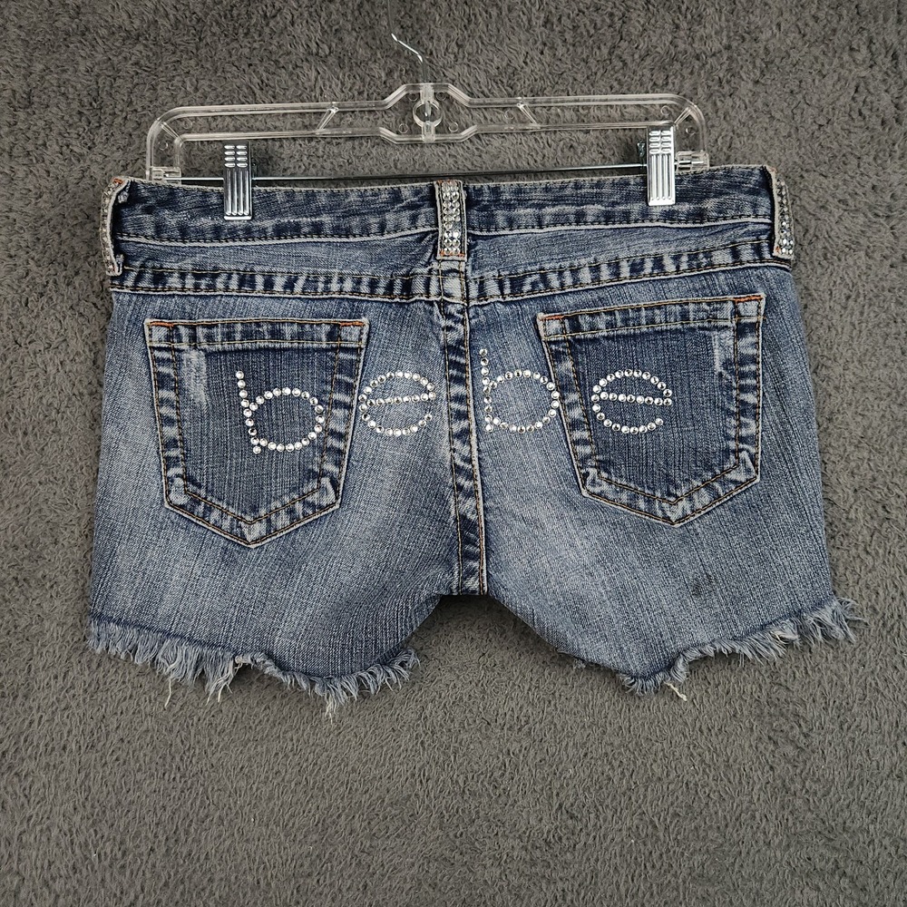 Vintage bebe Y2K Low Rise Cut Off Shorts Women 30x 3" Rhinestone Booty Spell Out